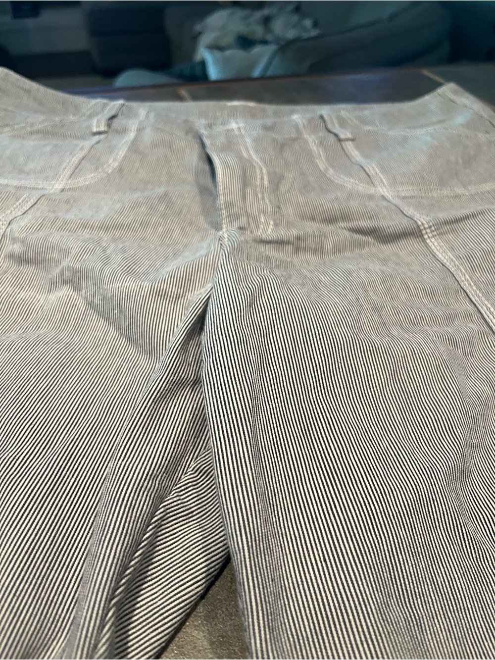 Pinstripe Navy/white denim like cotton Shorts with Contrast Stitching- longer - Picture 2 of 9